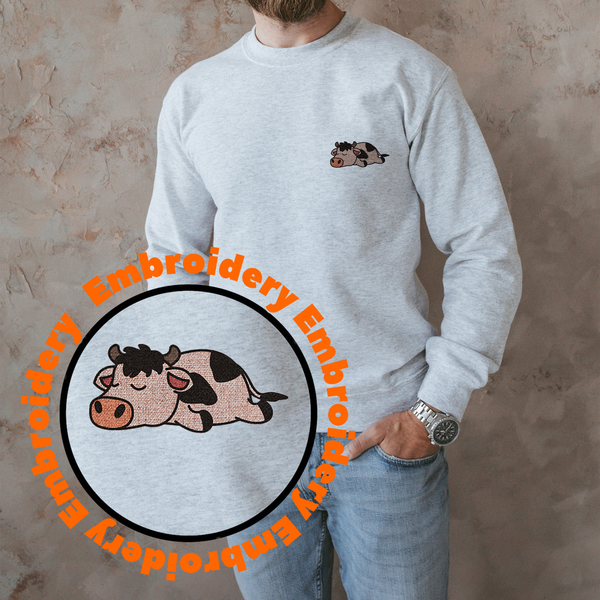 Lazy Cow Embroidery Adult Unisex Sweatshirt