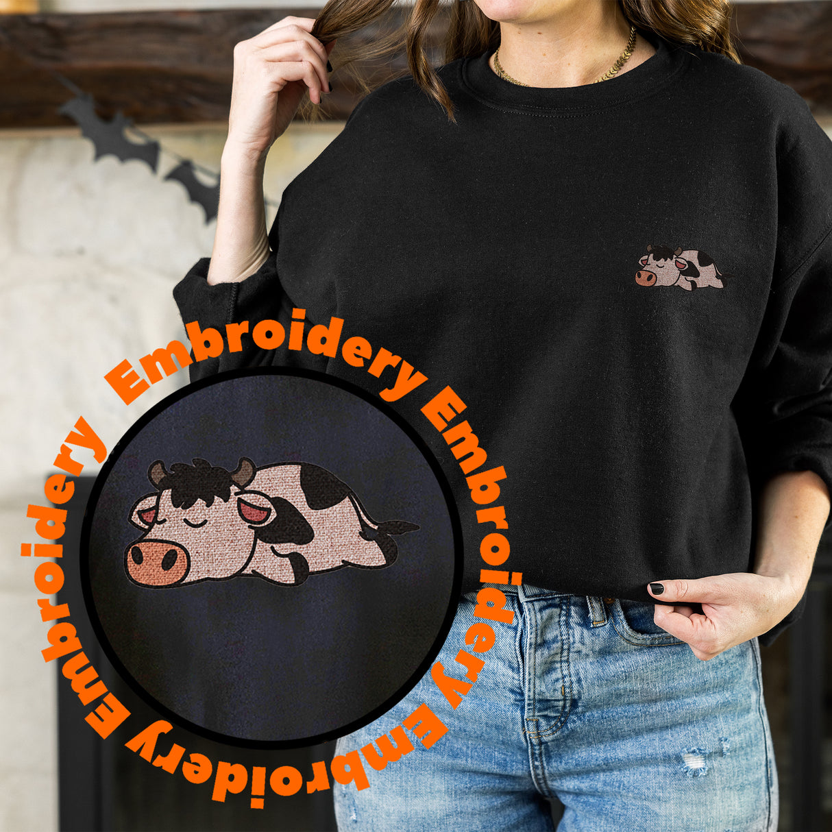 Lazy Cow Embroidery Adult Unisex Sweatshirt