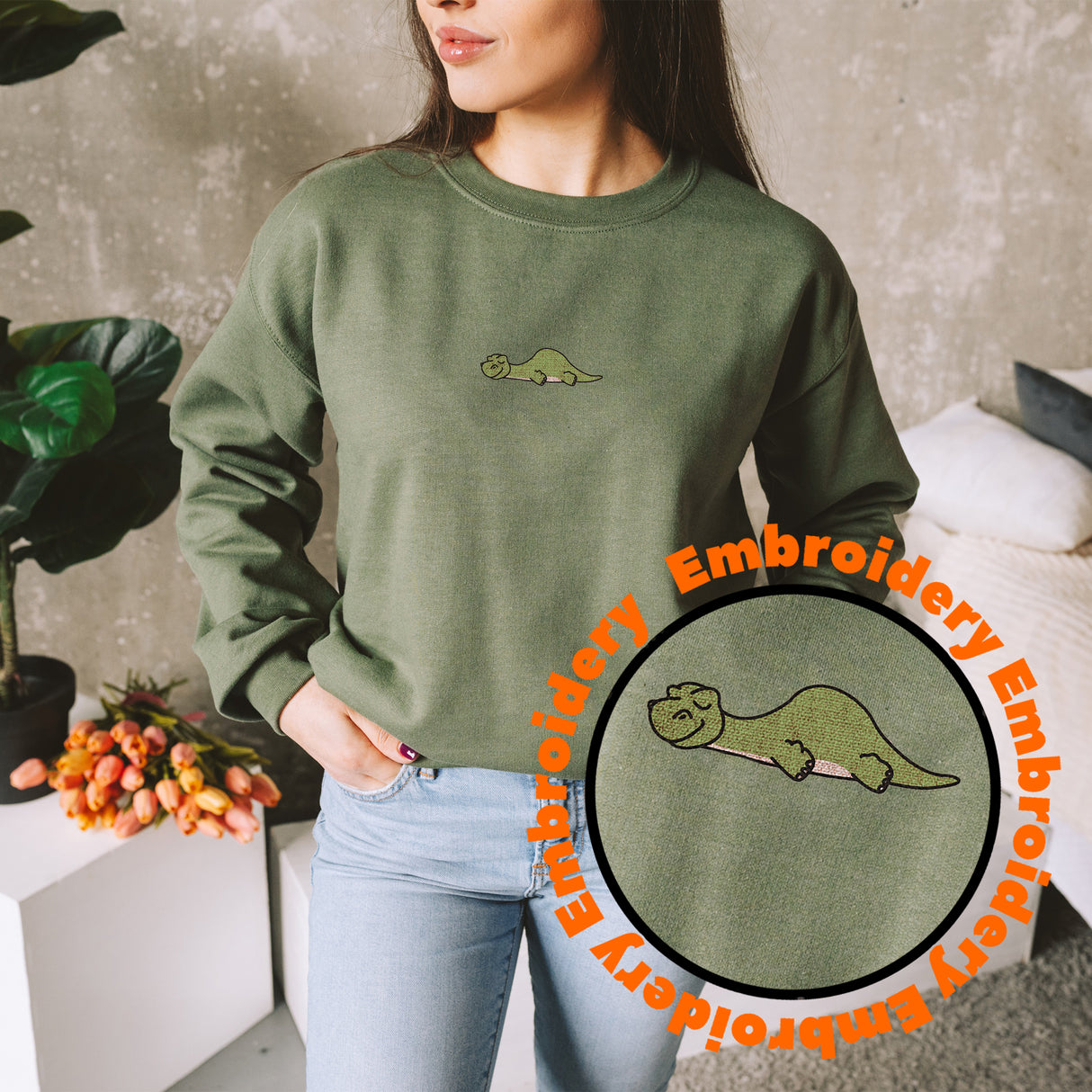 Lazy Dinosaur Embroidery Adult Unisex Sweatshirt
